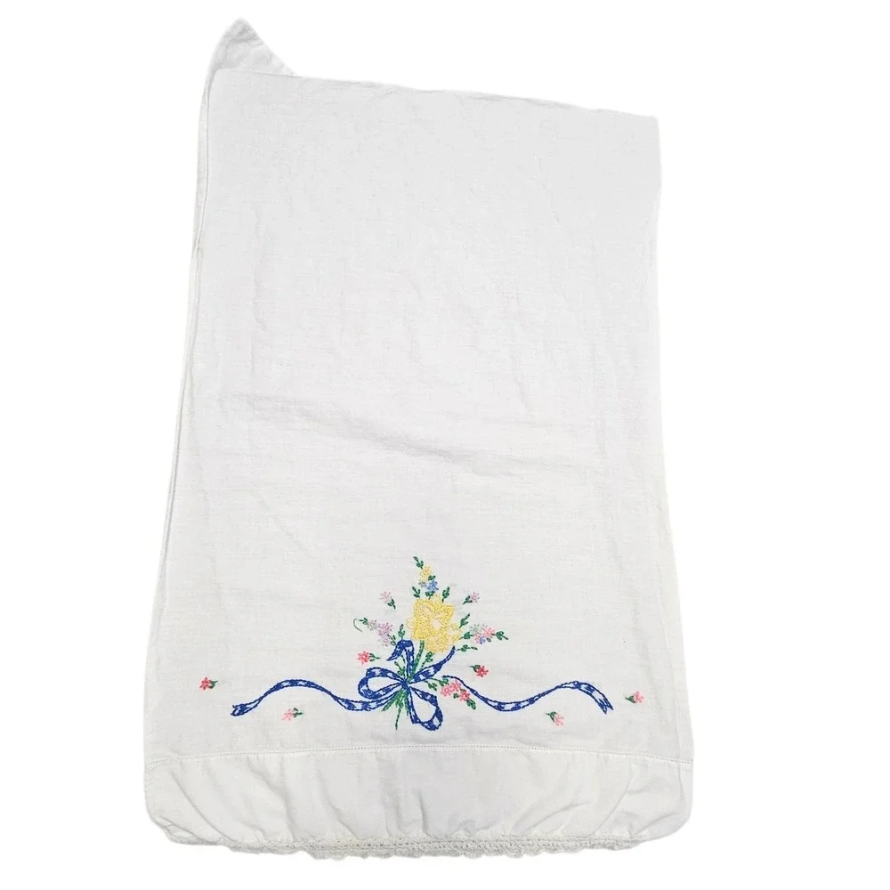 Vintage Hand Embroidered Pillowcases Pair White Yellow Floral Blue Ribbon‎ Lace